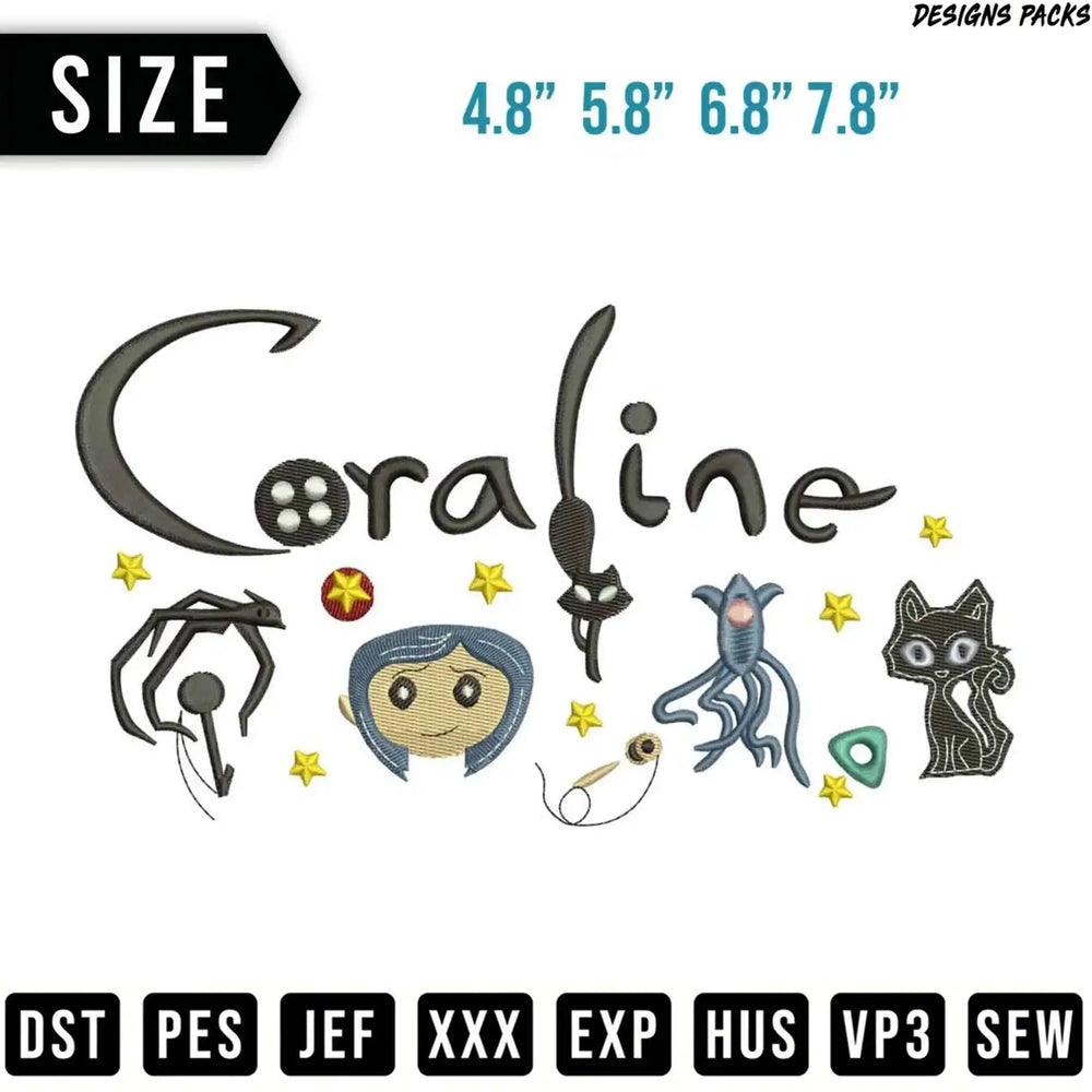 Coraline embroidery design pack with various characters and sizes.