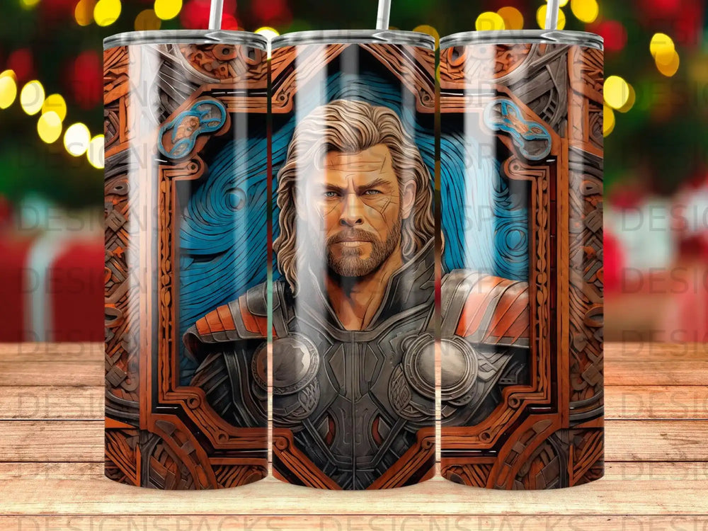 Thor, a muscular man with long blonde hair and a beard, wears ornate armor.