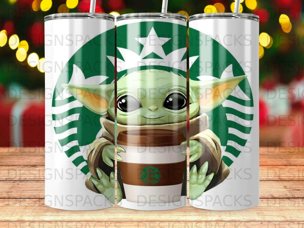 Grogu holding a Starbucks coffee cup with the Starbucks logo.