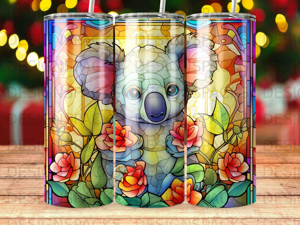 Stained glass koala surrounded by colorful roses and foliage.