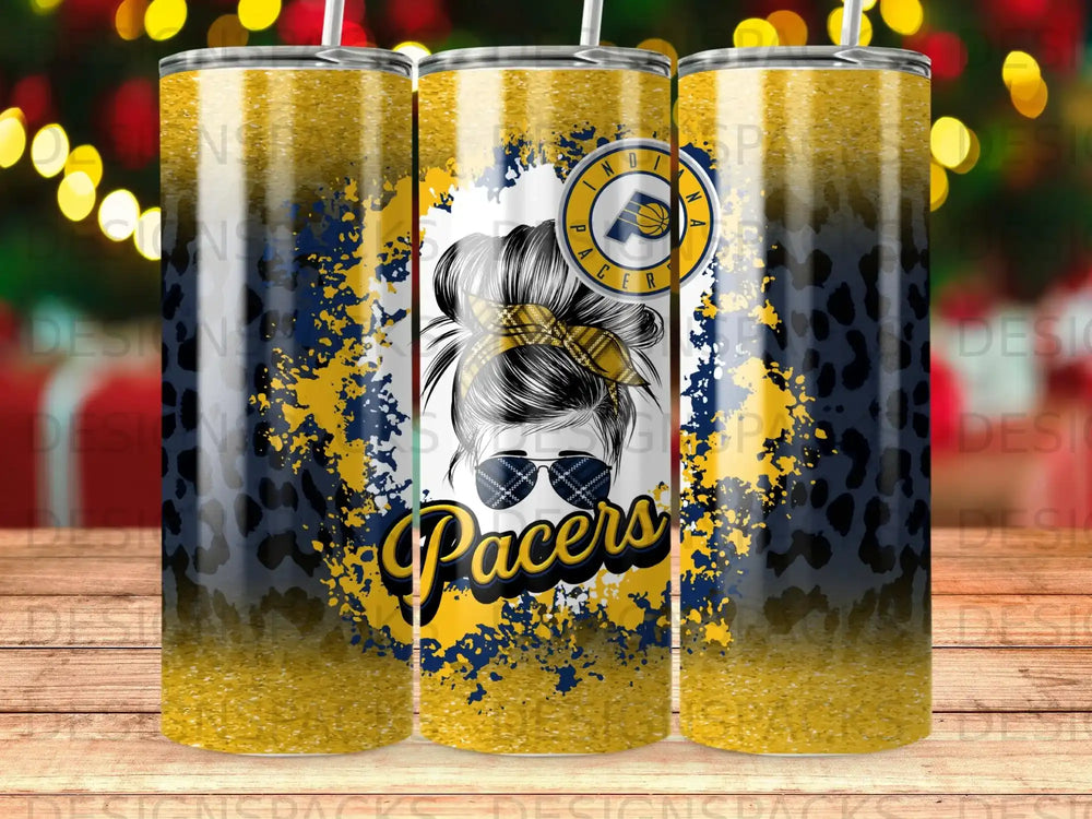 Pacers logo on a glitter and leopard print tumbler.