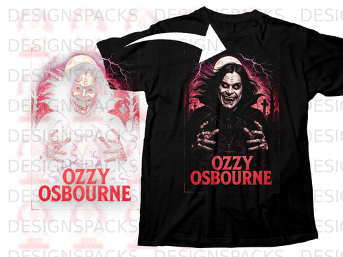 Black t-shirt featuring Ozzy Osbourne with fangs, red eyes, and lightning.