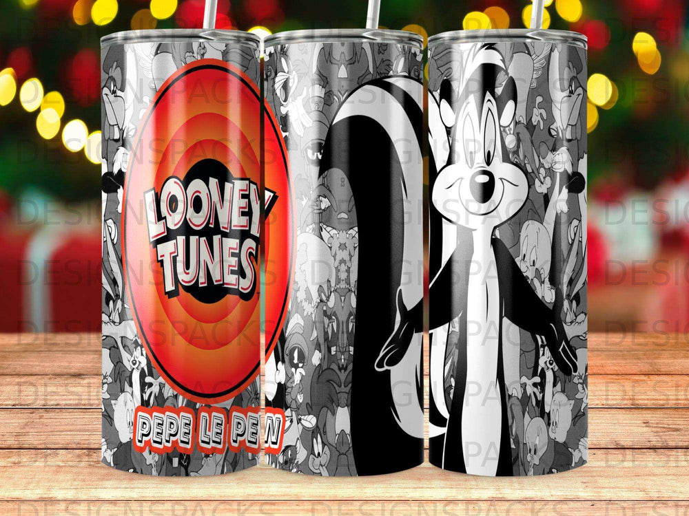 Looney Tunes character Pepe Le Pew on a tumbler with Looney Tunes logo.