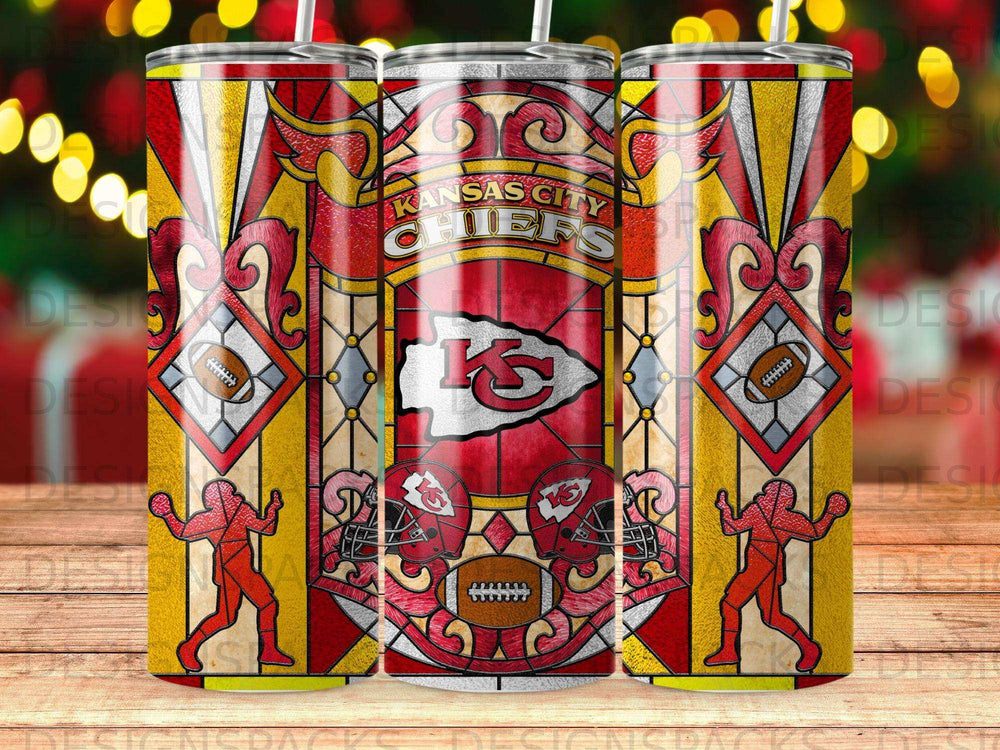 Kansas City Chiefs logo and football design on three tumblers.