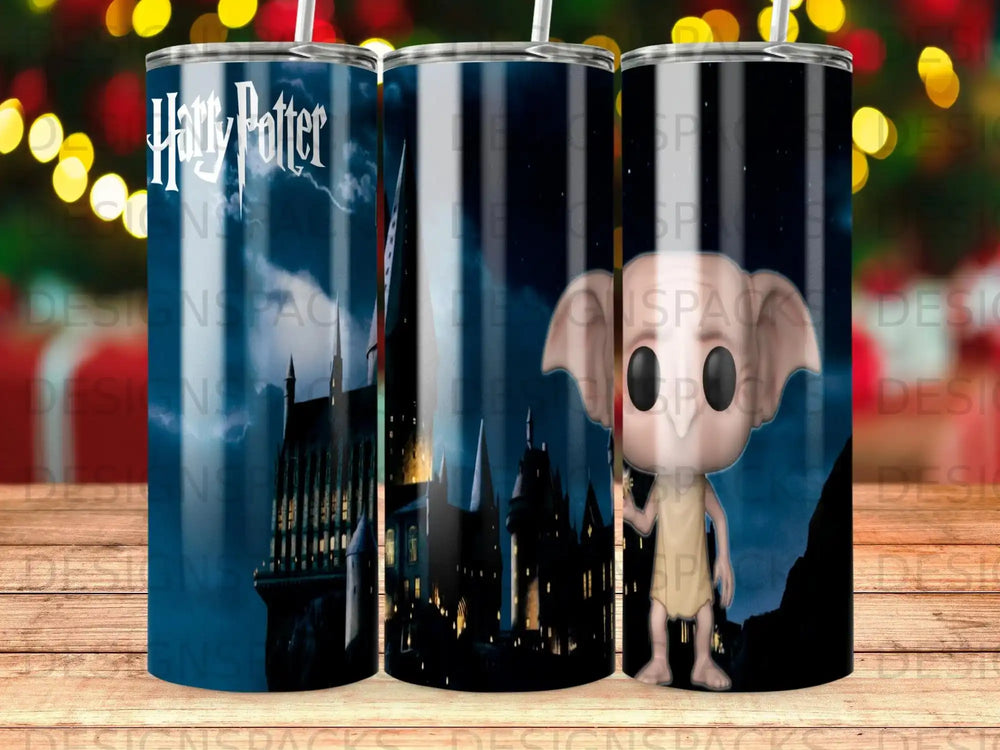 Harry Potter Hogwarts castle and Dobby illustration on a blue background.