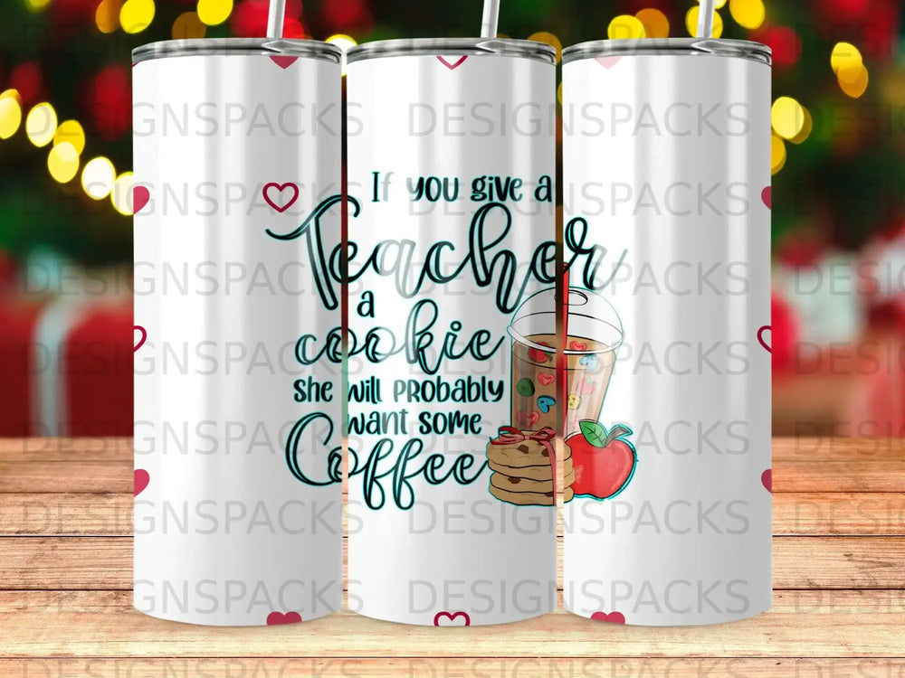 Teacher coffee tumbler with apple and cookie illustration.