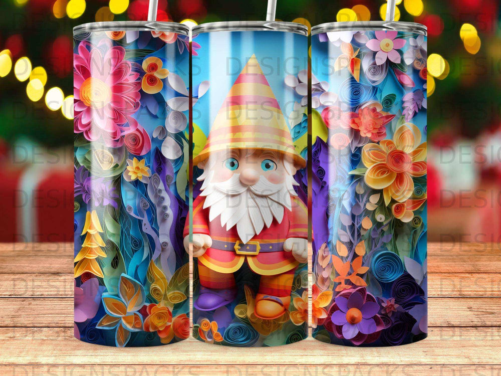 Gnome with colorful floral border on a tumbler.