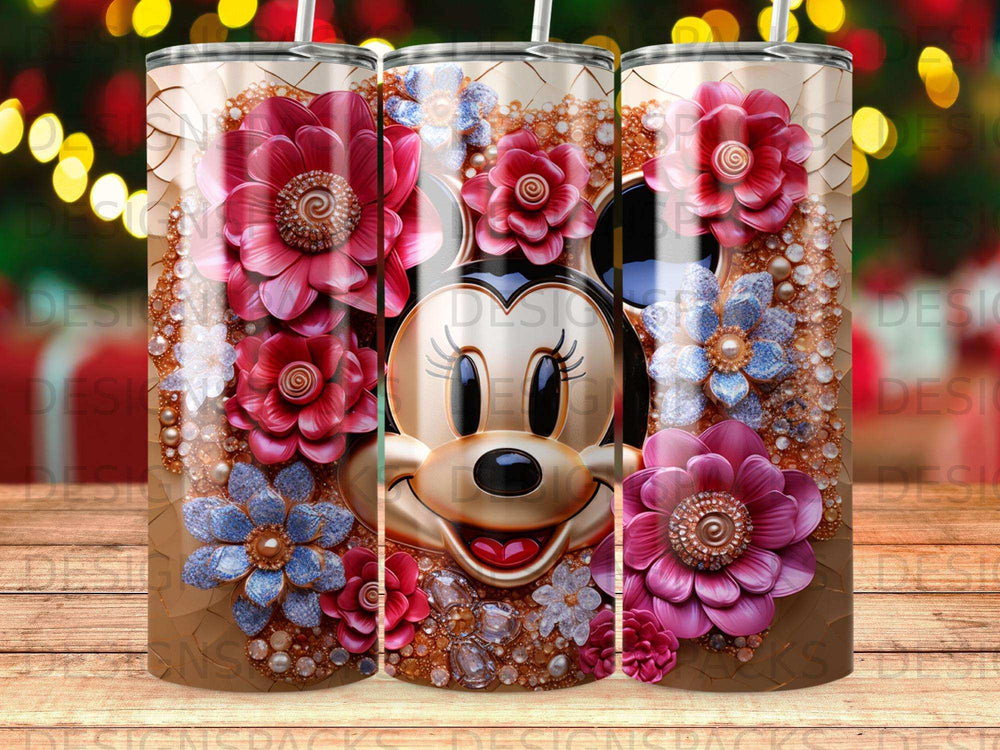 Minnie Mouse with textured flowers on a tumbler design.