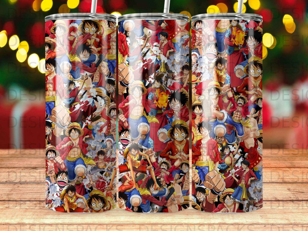 Collage of Monkey D. Luffy from One Piece on a tumbler cup.