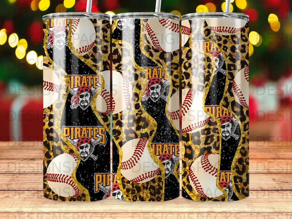 Baseball pattern tumbler with leopard print and pirate skull design.
