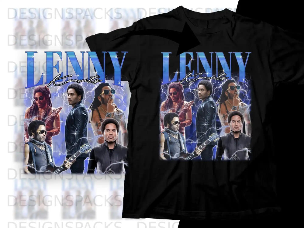 Lenny Kravitz collage on black t-shirt.