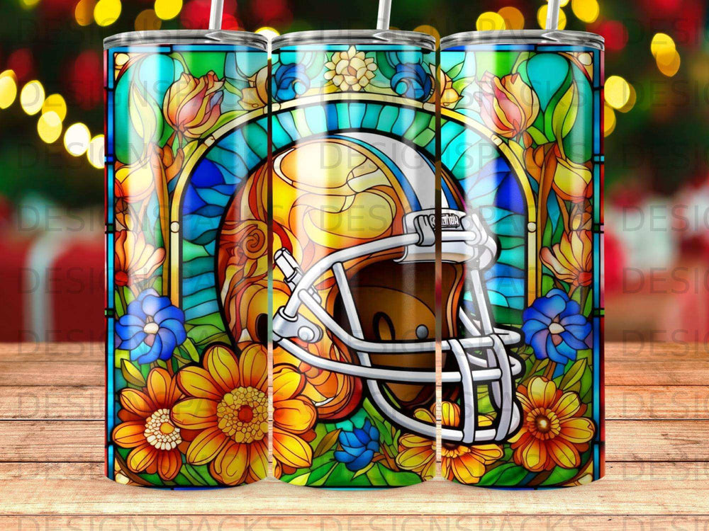 Stained glass design with football helmet and flowers.