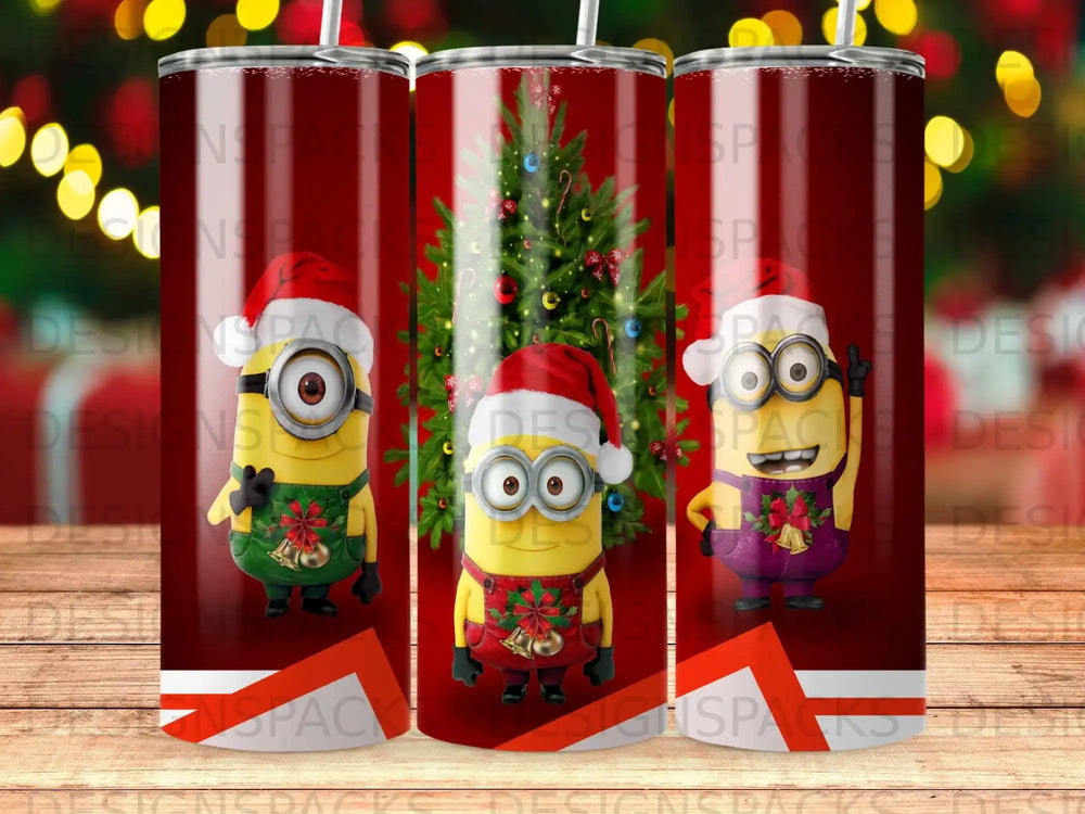 Minions in Santa hats with Christmas tree and festive background.
