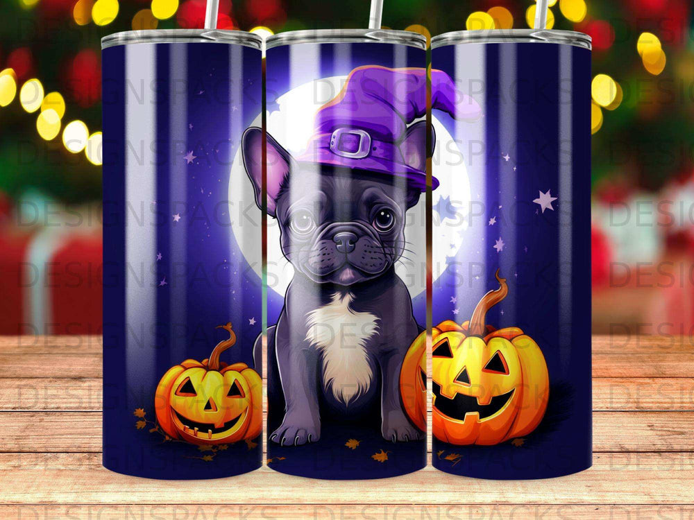 French bulldog in witch hat with pumpkins and moon.