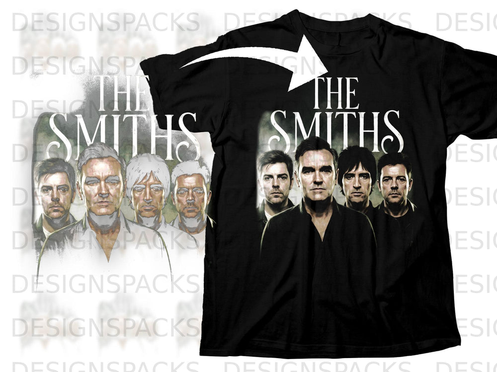 Black t-shirt with graphic of "The Smiths" band members and text.