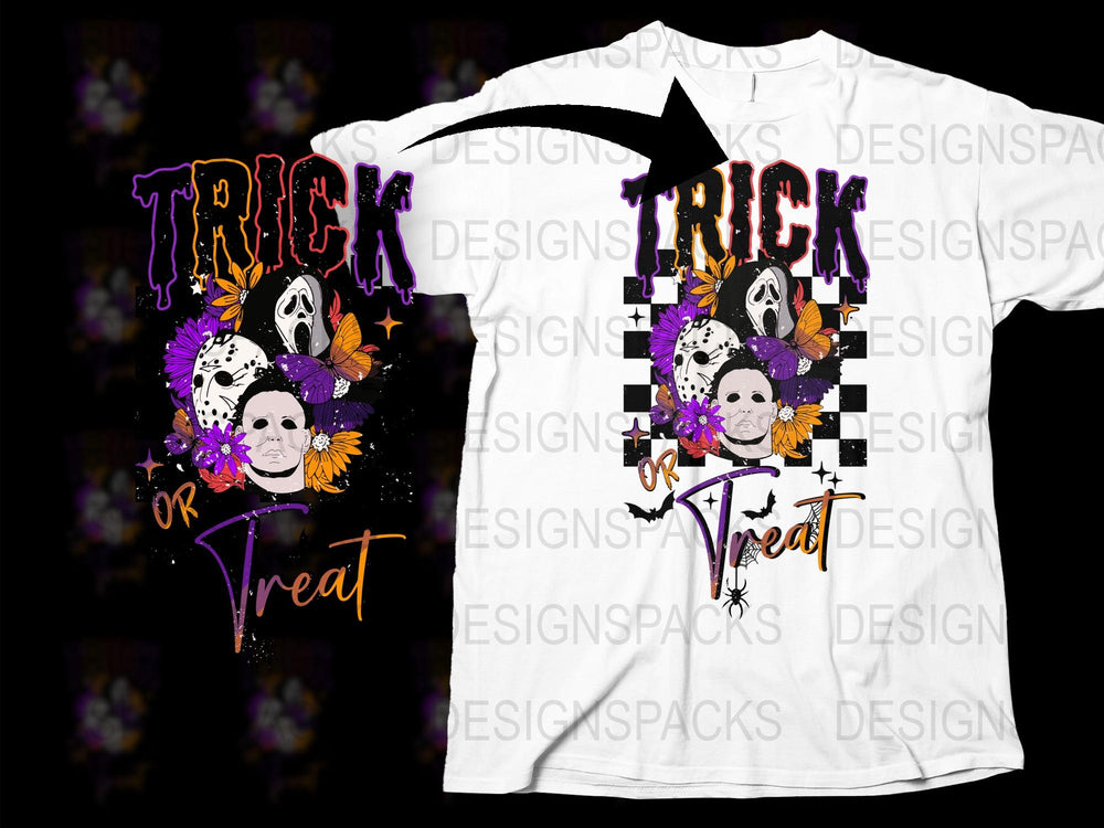 Trick or Treat Halloween T-Shirt, Skull and Candy Graphic Tee, Purple and White, Festive Holiday Apparel