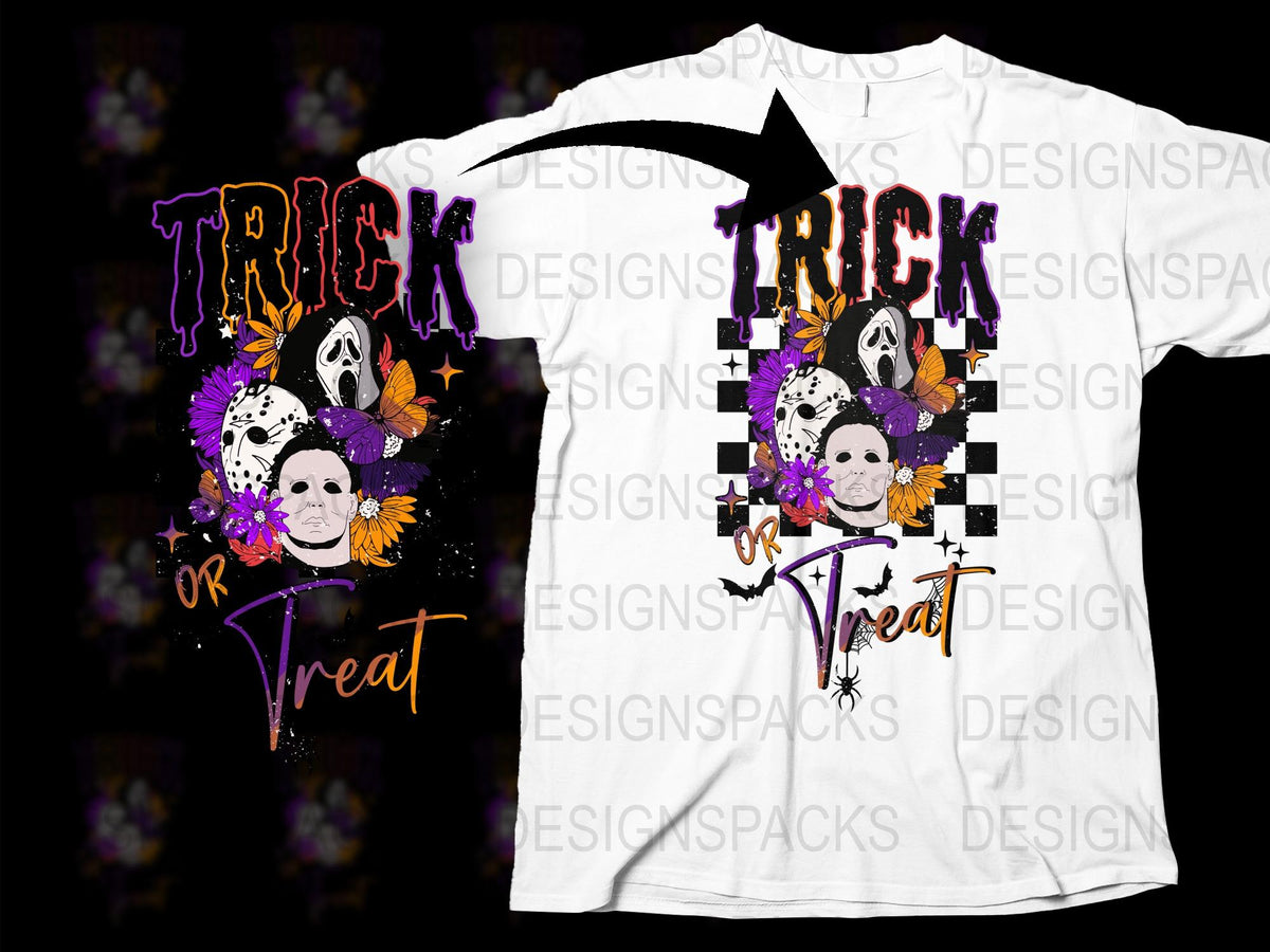 Trick or Treat Halloween T-Shirt, Skull and Candy Graphic Tee, Purple and White, Festive Holiday Apparel