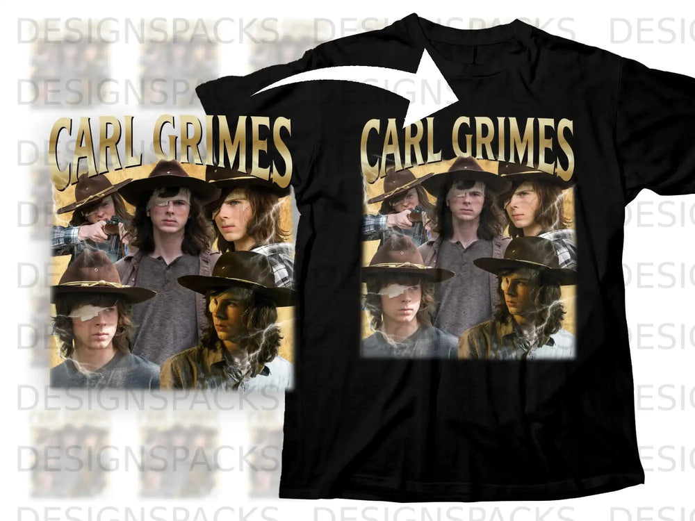 Black t-shirt featuring a graphic of actor Chandler Riggs as Carl Grimes.