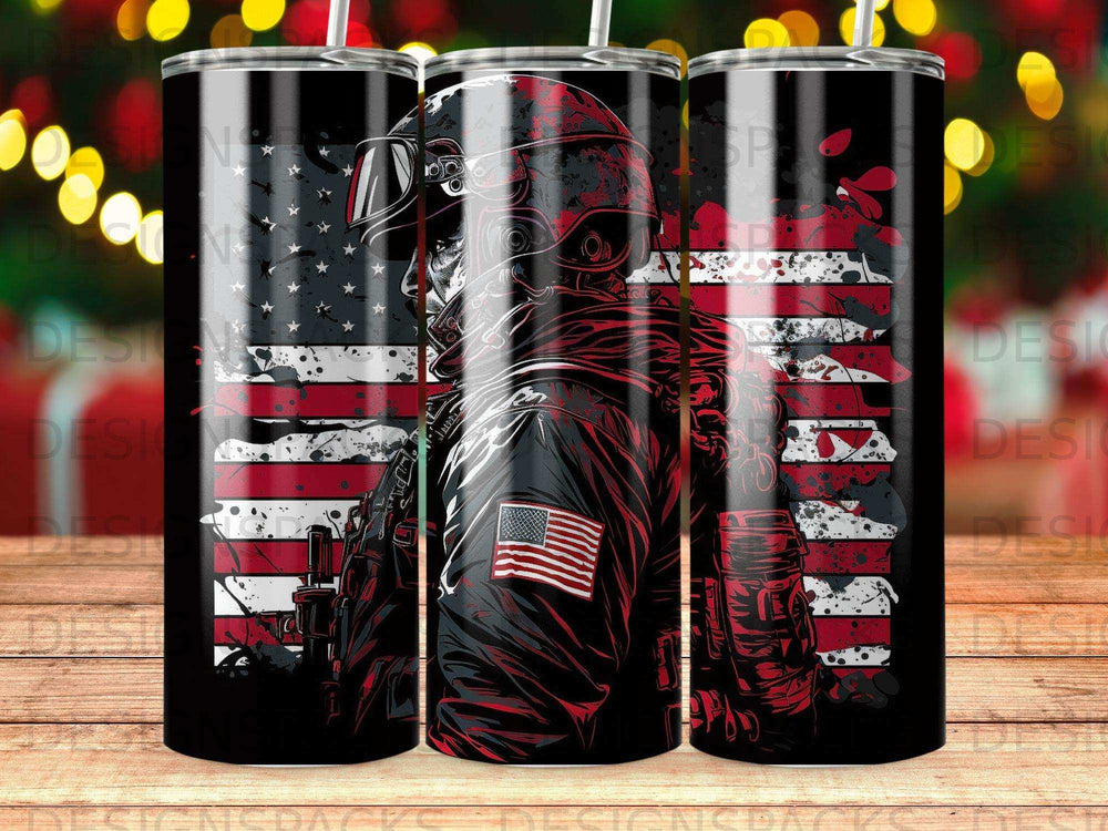 US flag tumbler with tactical operator silhouette on a black background.