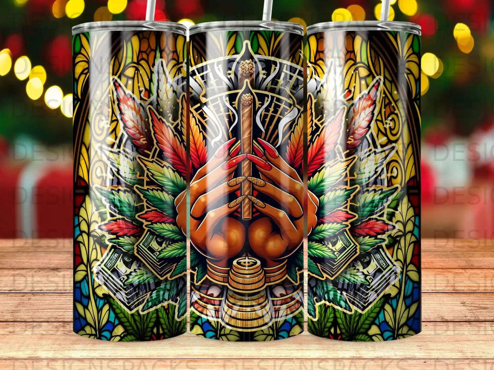 Close-up of hands holding a lit cigar, surrounded by colorful stained glass and dollar bills.