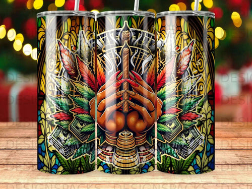 Close-up of hands holding a lit cigar, surrounded by colorful stained glass and dollar bills.