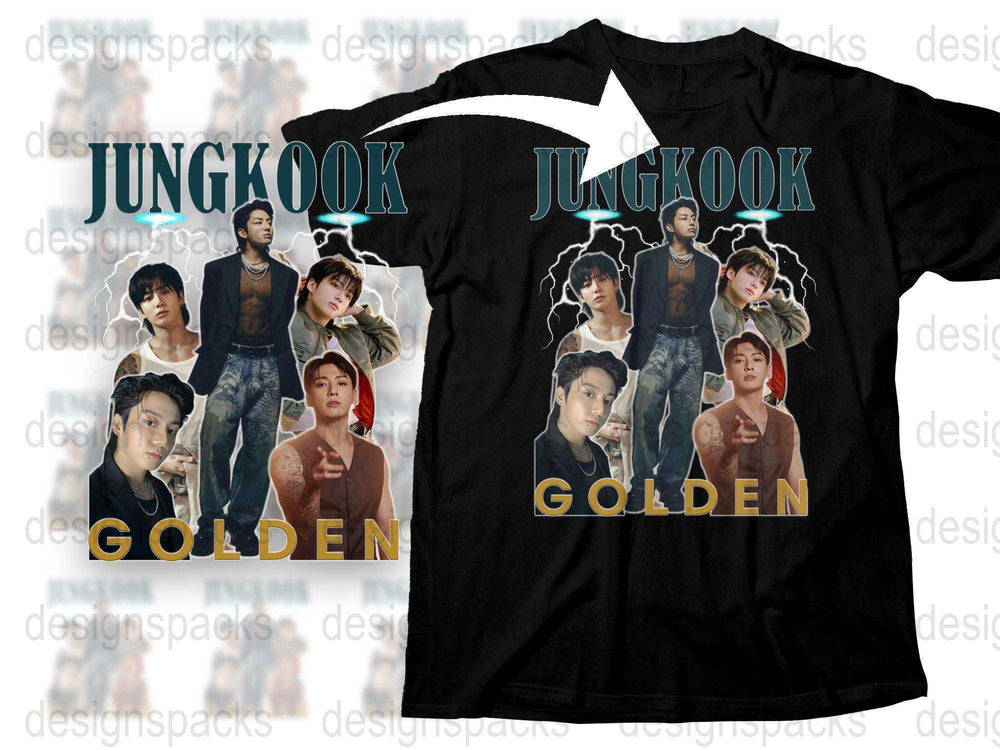 Jungkook Golden Fan T-Shirt, K-Pop Music Idol Tee, Unisex Cotton Shirt, Multiple Images, Black Color