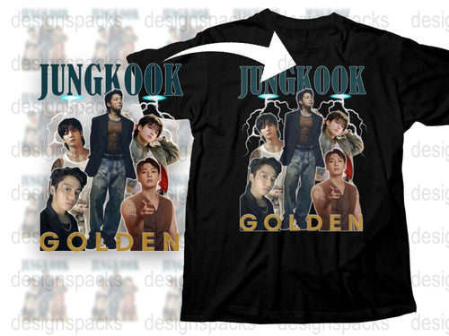 Jungkook Golden Fan T-Shirt, K-Pop Music Idol Tee, Unisex Cotton Shirt, Multiple Images, Black Color