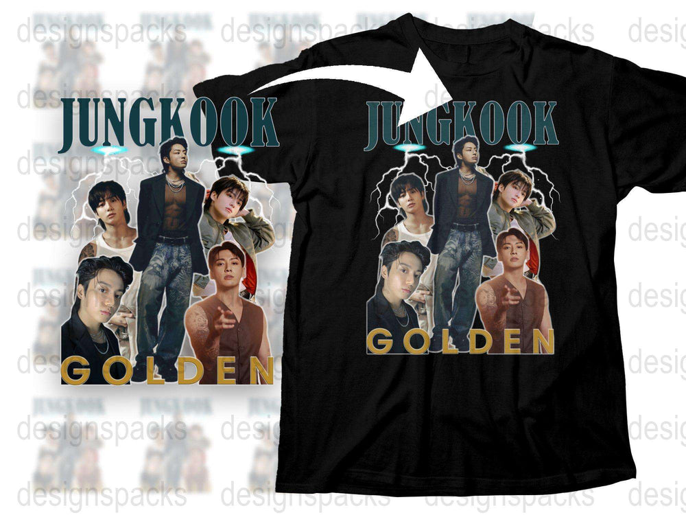 Jungkook Golden Fan T-Shirt, K-Pop Music Idol Tee, Unisex Cotton Shirt, Multiple Images, Black Color