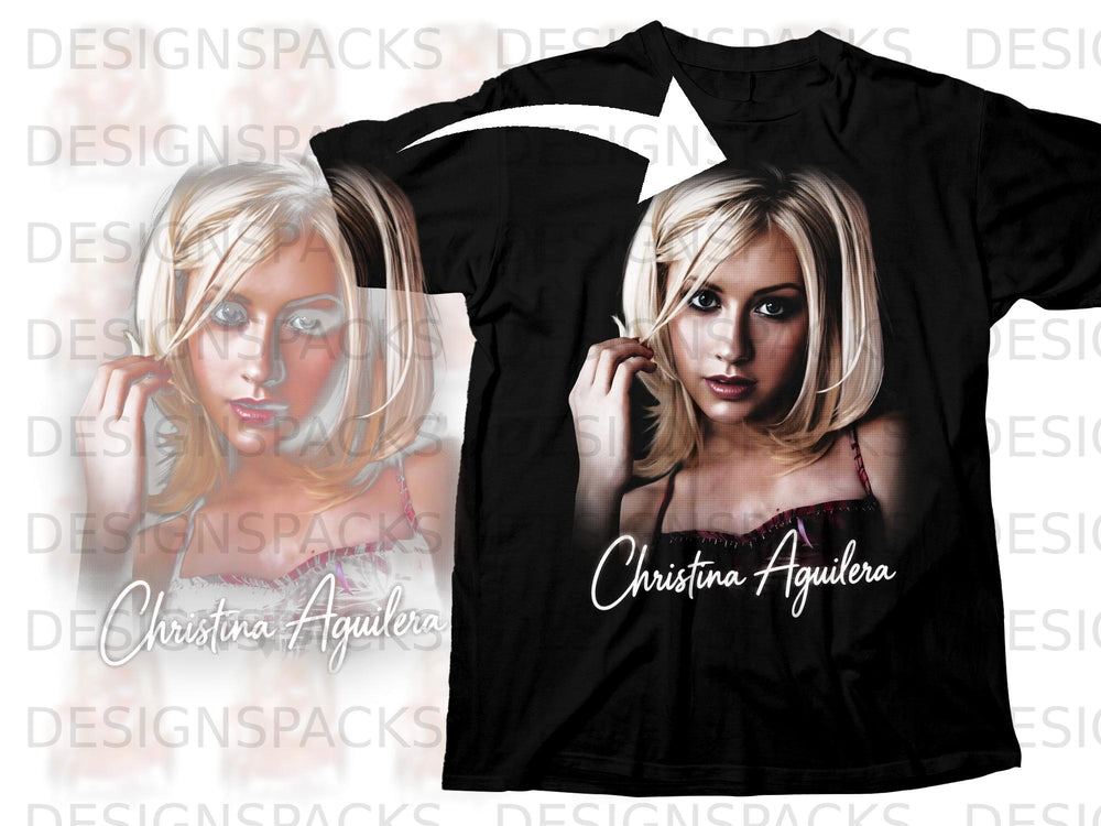 Black t-shirt with Christina Aguilera's portrait and signature.