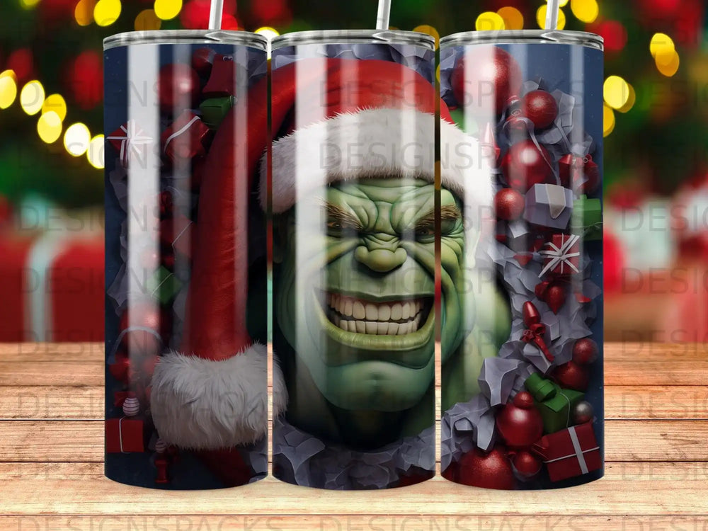 Hulk in Santa hat with Christmas presents.