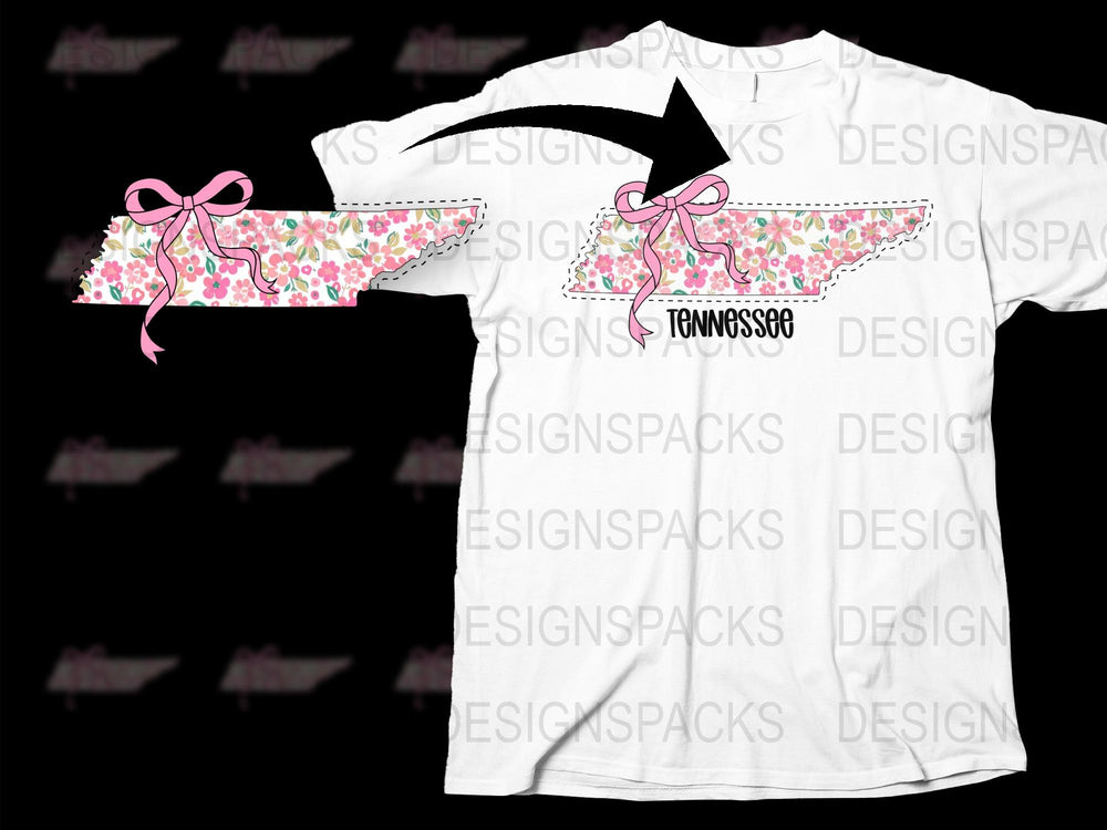 Tennessee Floral Pattern T-Shirt with Pink Ribbon, Women's White Tee, Fashionable Casual Wear