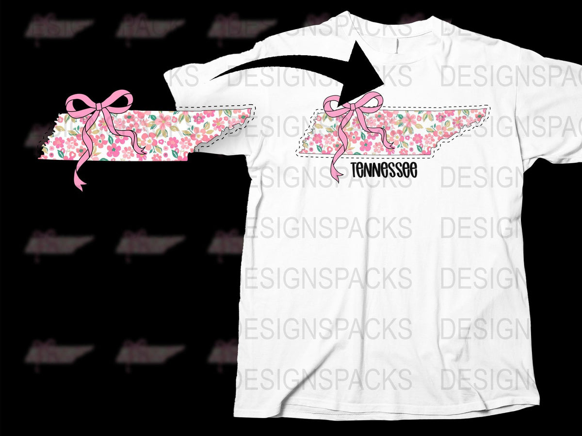 Tennessee Floral Pattern T-Shirt with Pink Ribbon, Women's White Tee, Fashionable Casual Wear