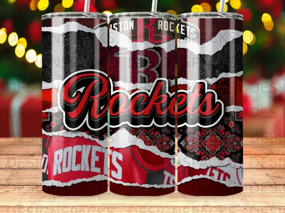 Houston Rockets basketball team logo on a ripped paper tumbler.