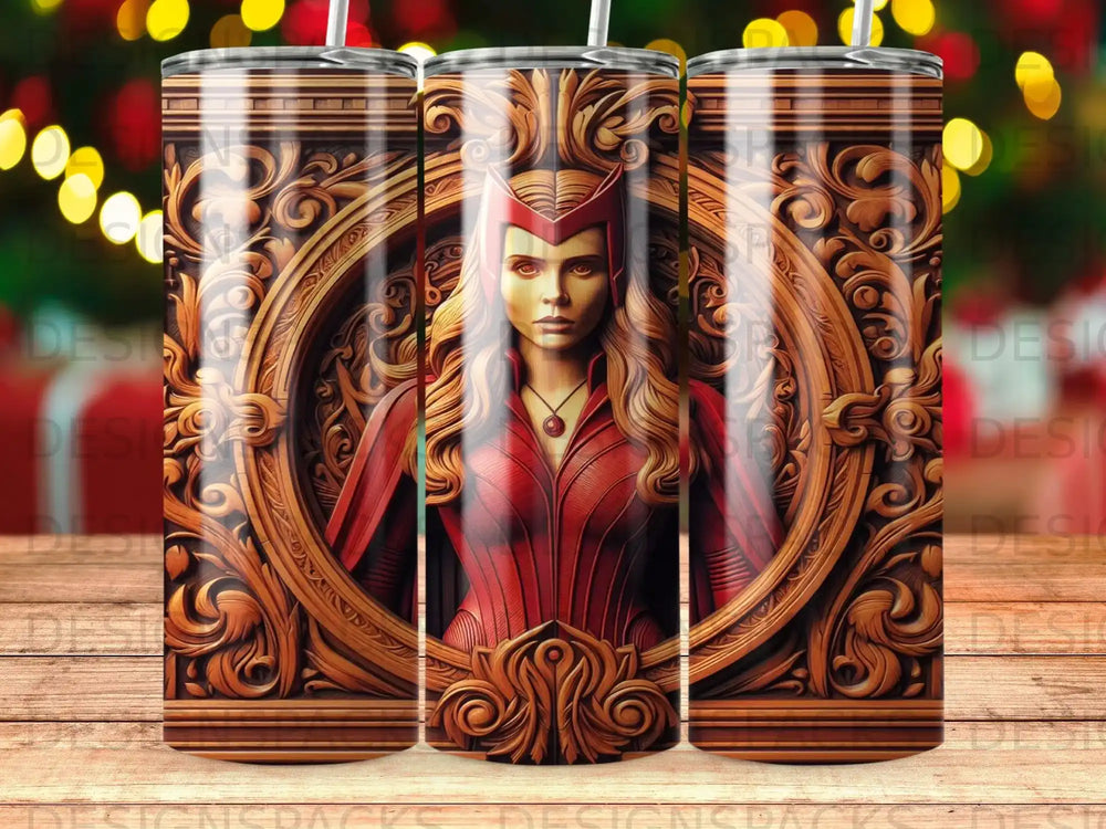 Scarlet Witch portrait within ornate carved wood frame, 20 oz tumbler design.