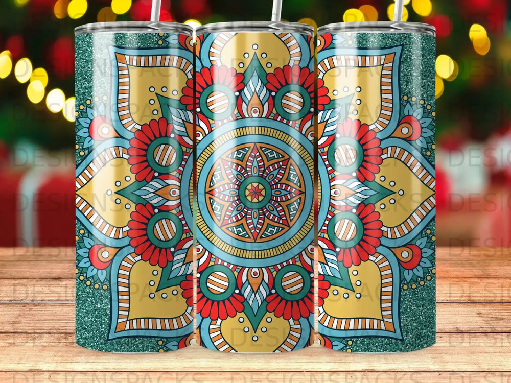 Three tumblers with a colorful mandala pattern and teal glitter accents.