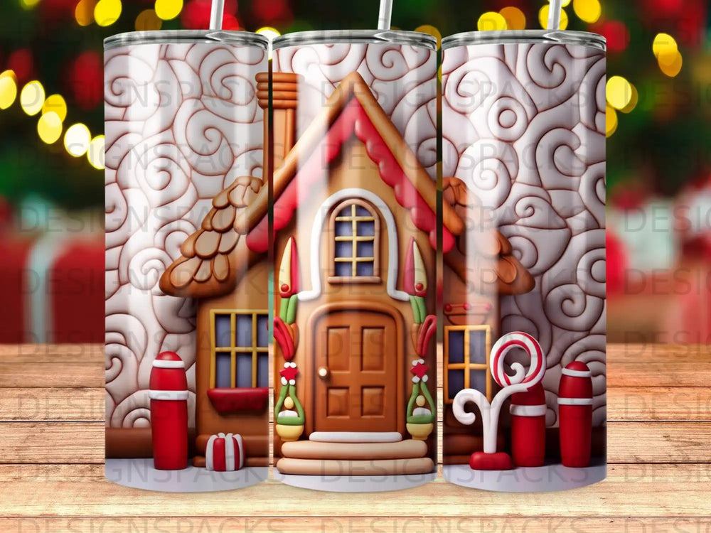 Gingerbread house with candy canes and snow on tumbler.