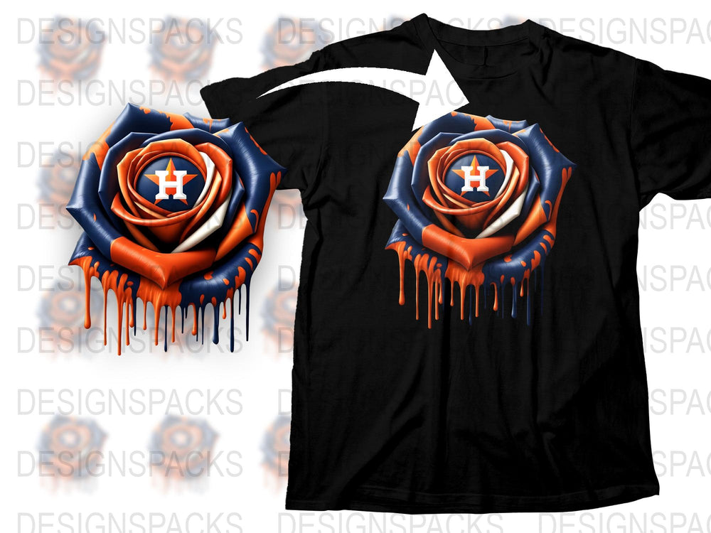 Houston Astros Inspired Rose Graphic T-Shirt, Dripping Paint Design, Baseball Fan Apparel, Unisex Black Tee