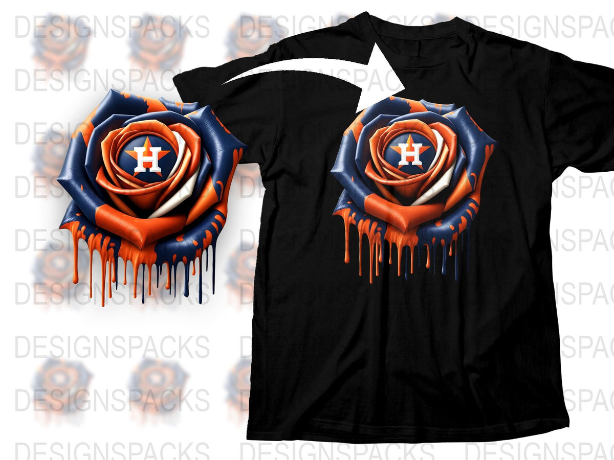 Houston Astros Inspired Rose Graphic T-Shirt, Dripping Paint Design, Baseball Fan Apparel, Unisex Black Tee
