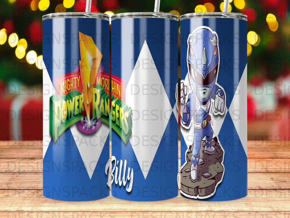 Mighty Morphin Power Rangers Red Ranger, Billy, on a blue and white patterned tumbler.