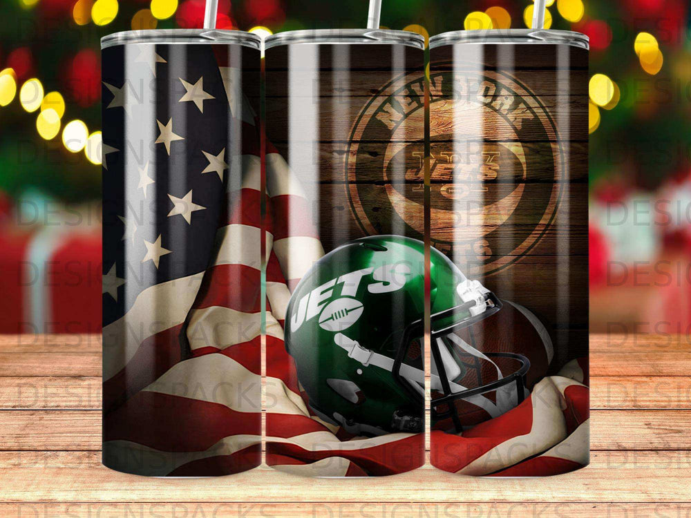 New York Jets helmet and football on American flag background.