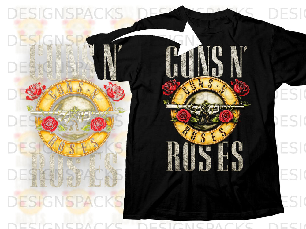 Black t-shirt with Guns N' Roses logo, featuring roses and a revolver.
