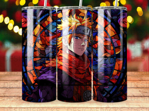 Naruto Uzumaki in stained glass style on a cylindrical tumbler.