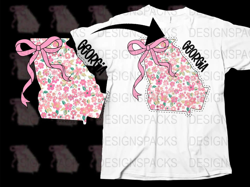 Georgia State Floral Pattern T-Shirt with Pink Bow Graphic, Stylish Women's Fashion Top