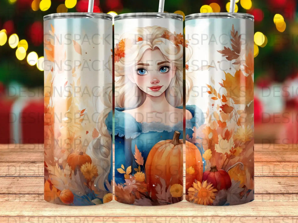 Frozen character with pumpkins and autumn leaves on a tumbler.
