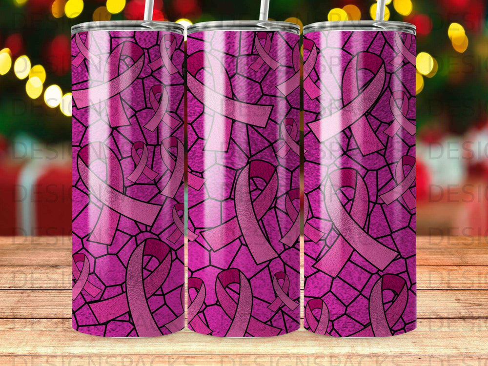 Pink breast cancer ribbon mosaic pattern on a tumbler.