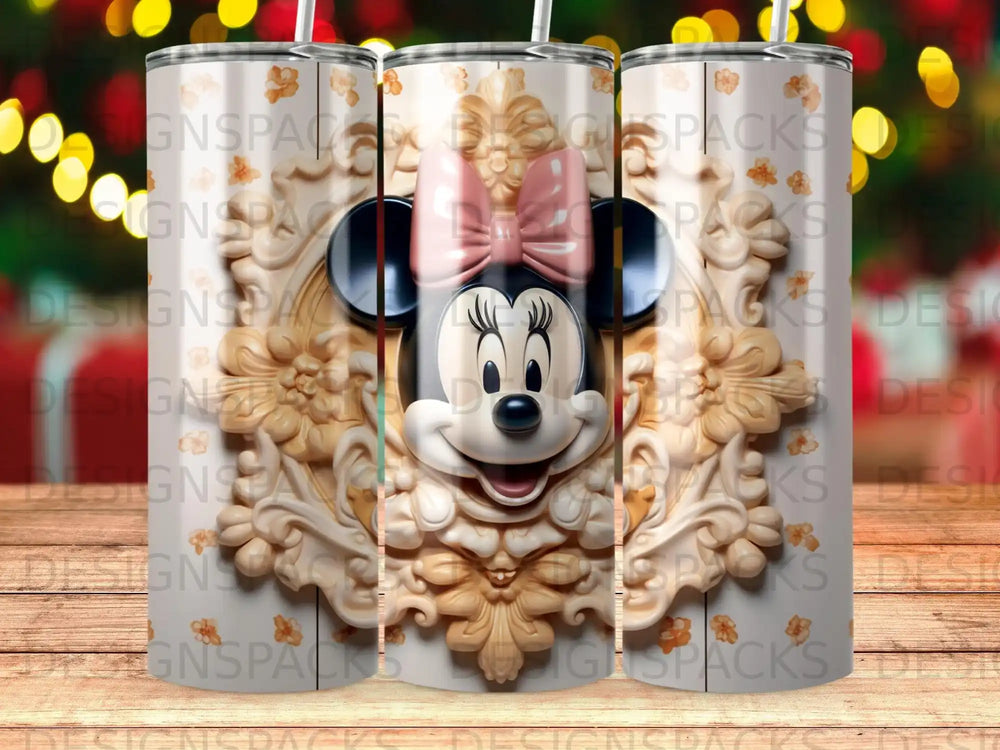 Minnie Mouse with a pink bow in an ornate golden frame.