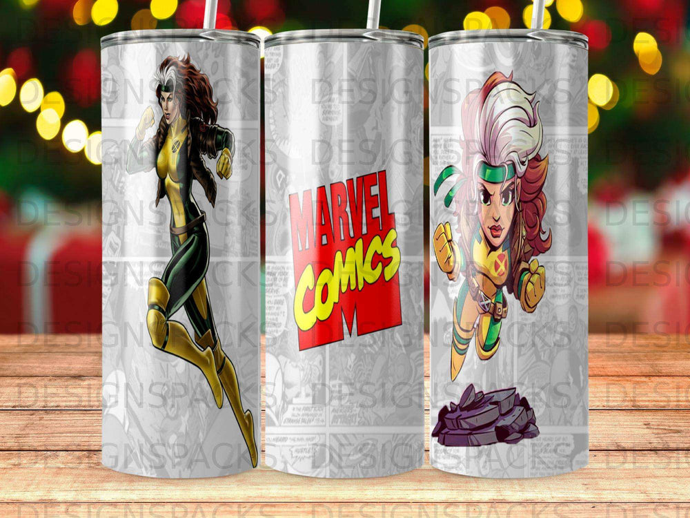 Marvel Comics Rogue art on a tumbler with comic panel background.