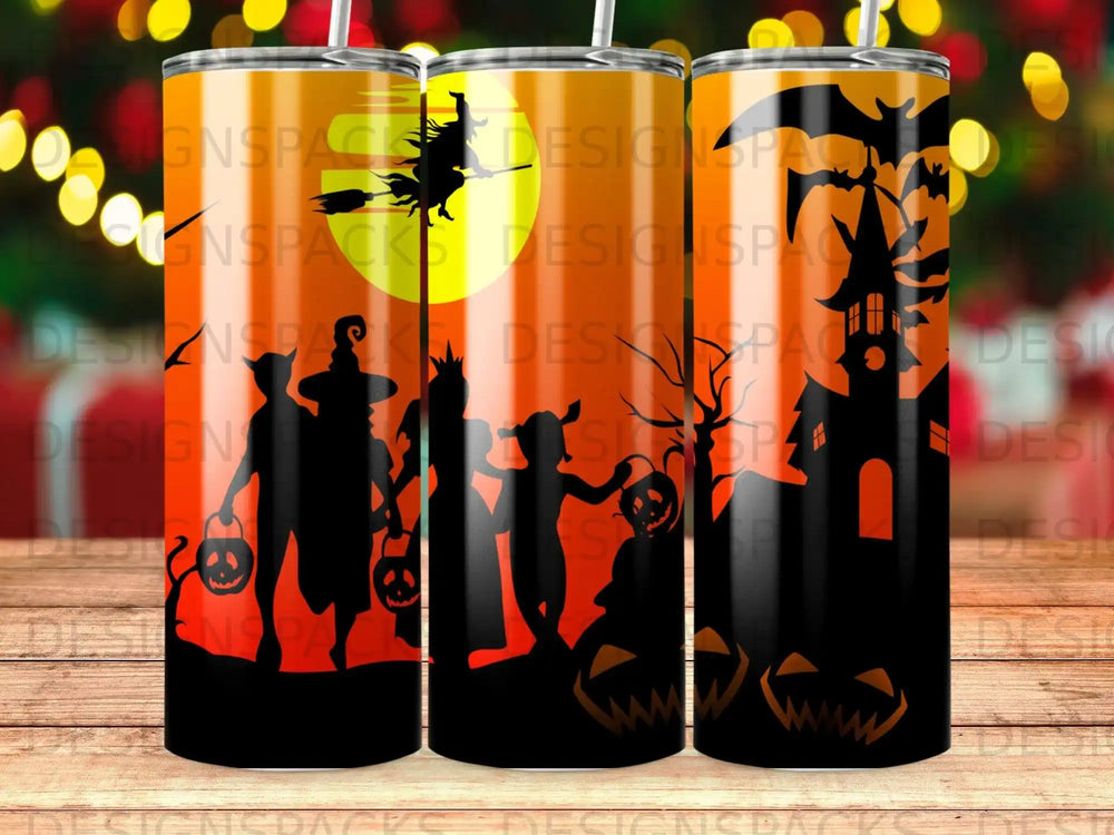 Three Halloween tumblers with haunted house, bats, and trick-or-treaters.
