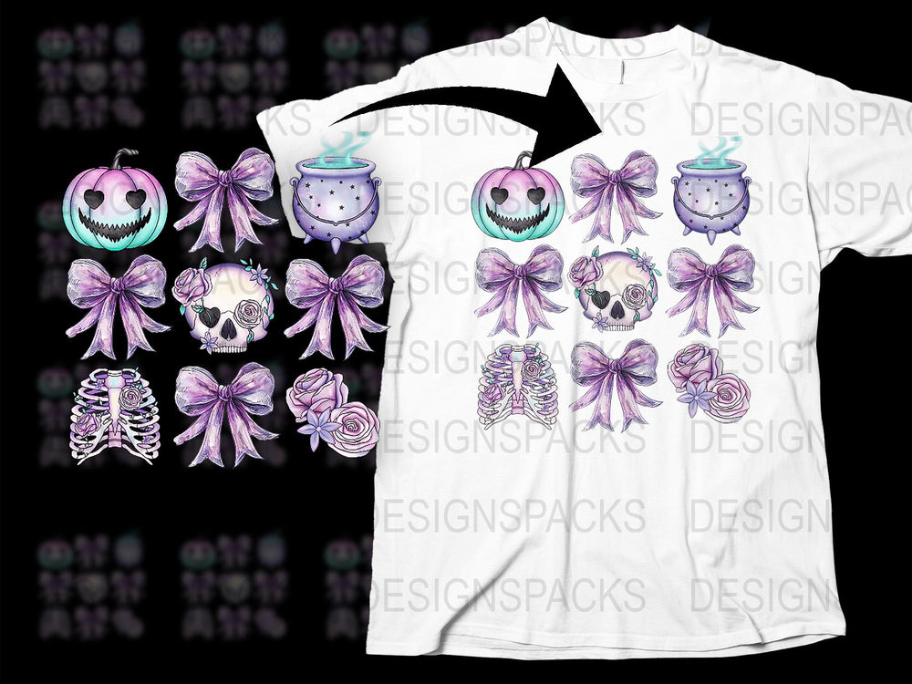 Gothic Halloween T-Shirt with Skull, Lantern, and Ribbon Design, Spooky Graphic Tee