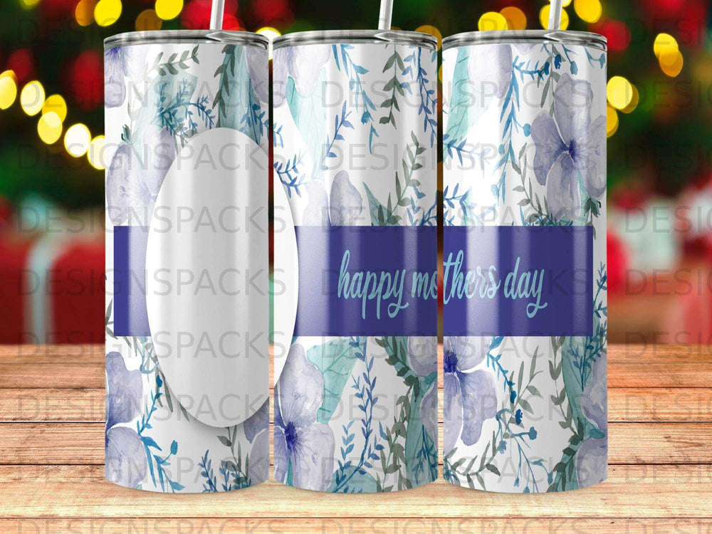 Tumbler with blue and purple watercolor flowers and "happy mothers day" text.